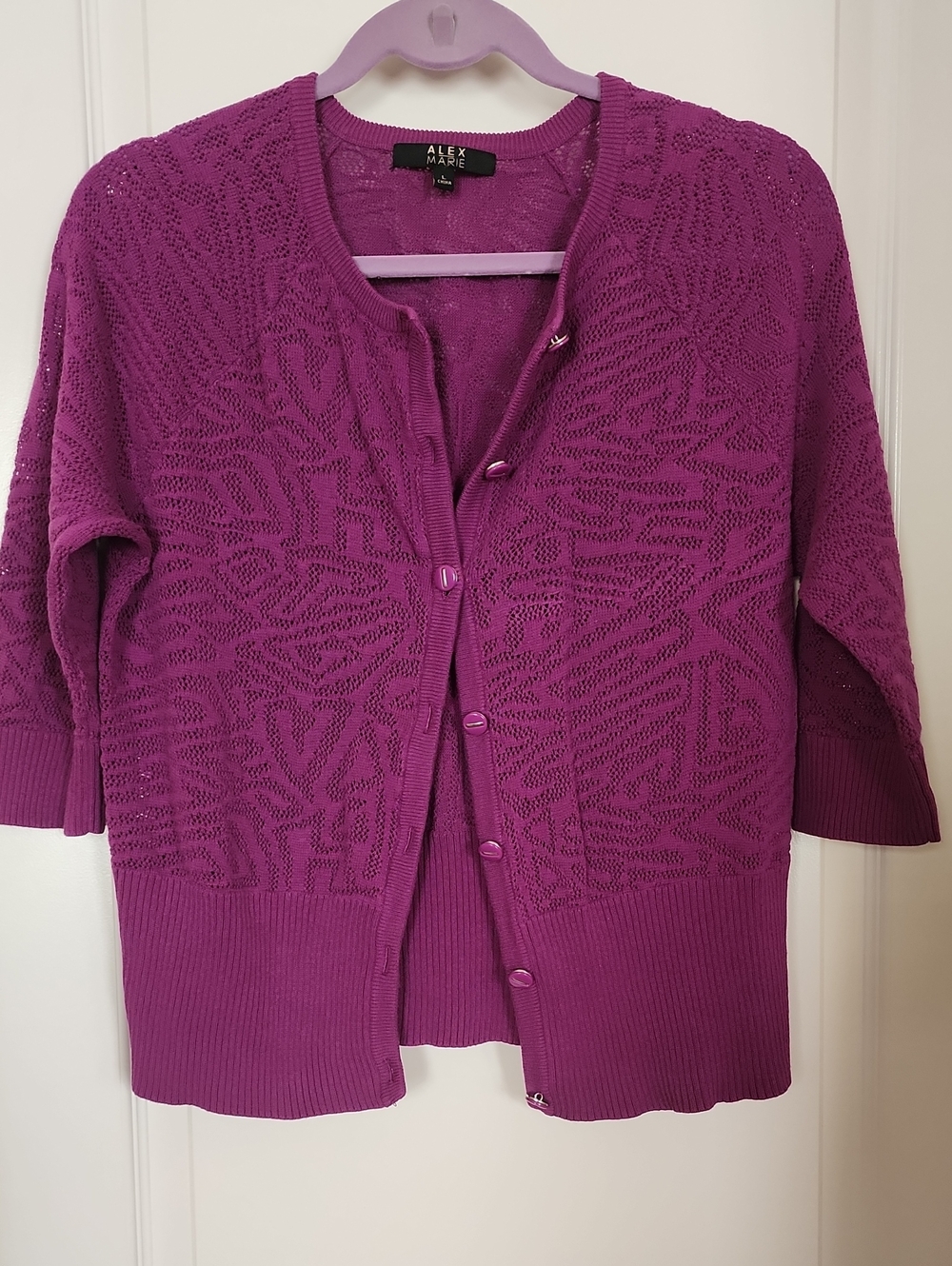 Alex Marie Women's Vibrant Fuchsia Openwork Button 3/4 Sleeve Cardigan Size L